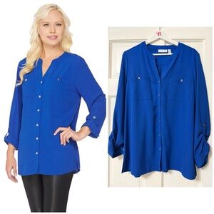 Susan Graver Royal Blue Button Down Blouse Roll Tab Sleeve Office Career Size 12
